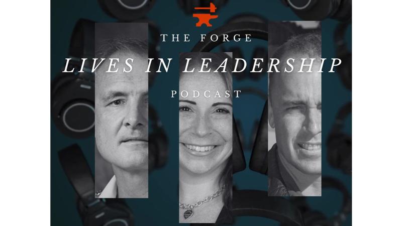 Promotional cover shot for a podcast featuring the faces of two men and a woman.