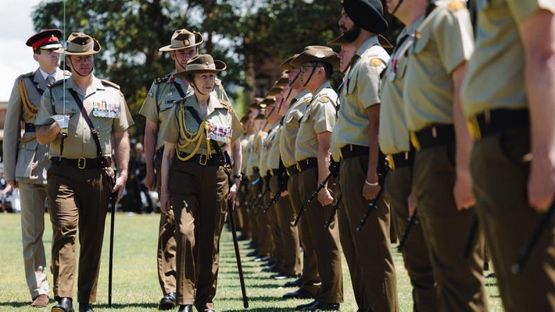 Princess Anne inspects soldiers of the Royal Australian Corps of Signals.