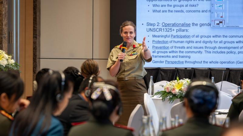 A senior Australian officer speaks to a seminar on Women, Peace, and Security Seminar in Vientiane, Laos.