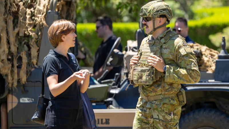 An invited guest at the National Employer Support Awards talks with an Australian Army solider at Victoria Barracks, NSW.
