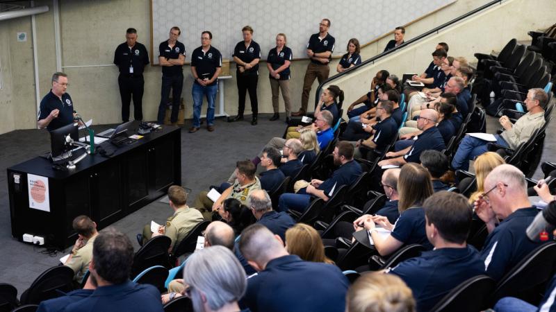 An industry speaker presents to fellow students at a Defence capability course in Canberra.