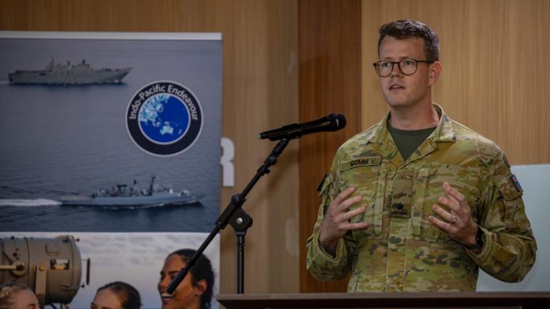 An Australian Army officer presents at the Gender, Peace and Security (GPS) workshop at Indonesian Defense University as part of Indo-Pacific Endeavour 2025. 