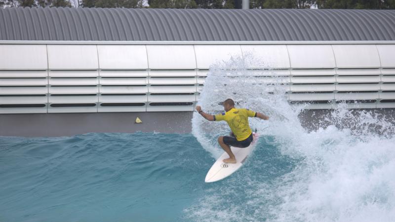 A veteran rides an artificial wave during the Battle of the Break contest in Sydney. 