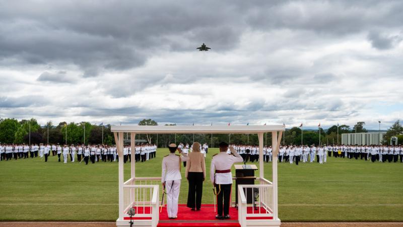 Royal Australian Air Force F-35A conducts a flypast at the 2025 ADFA Graduation Parade. 