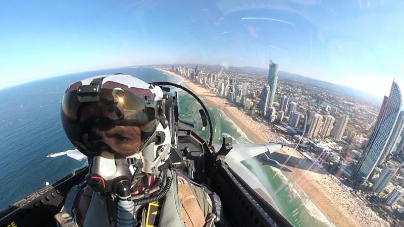 Squadron Leader Scott Wood flies his Super Hornet over his native Queensland as display pilot for 1 Squadron.