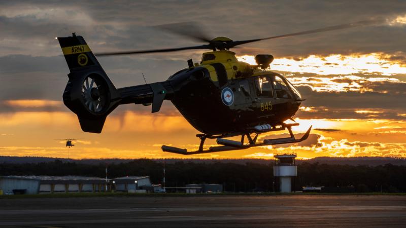 An EC135 helicopter taxis on the flight line at HMAS Albatross in Nowra, New South Wales.