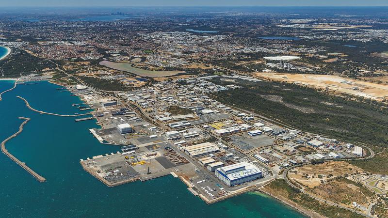 An aerial shot of a shipbuilding yard on the WA coast.