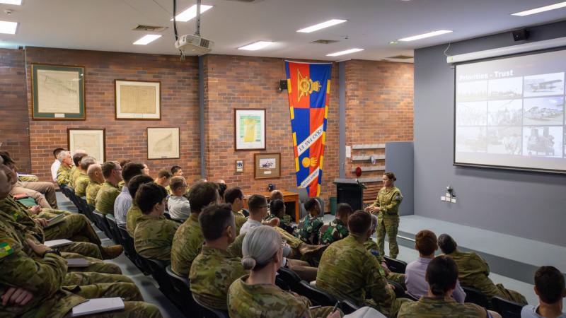 Commander 16th Brigade Brigadier Fern Thompson speaks at an Army Aviation training seminar at Gallipoli Barracks in Brisbane. Photo: Corporal Julia Whitwell