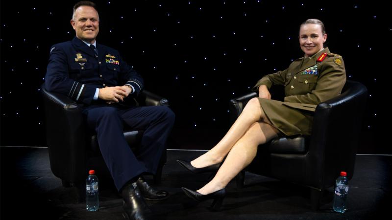 Chief of Air Force, Air Marshal Stephen Chappell DSC, CSC, OAM (left) and Chief of Joint Capabilities, Lieutenant General Susan Coyle AM, CSC, DSM, in discussion during the Air and Space Power Conference 2026, Canberra.