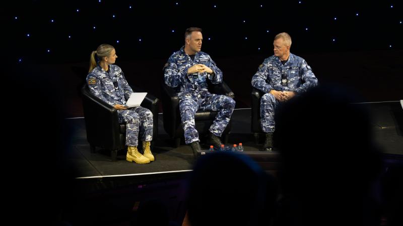 (L-R) Royal Australian Air Force Corporal Caitlin Russ; Chief of Air Force, Air Marshal Stephen Chappell, DSC, CSC, OAM and Warrant Officer of the Air Force, Warrant Officer - Air Force Ralph Clifton conduct a fireside chat during the Air and Space Power Conference 2026, Canberra.
