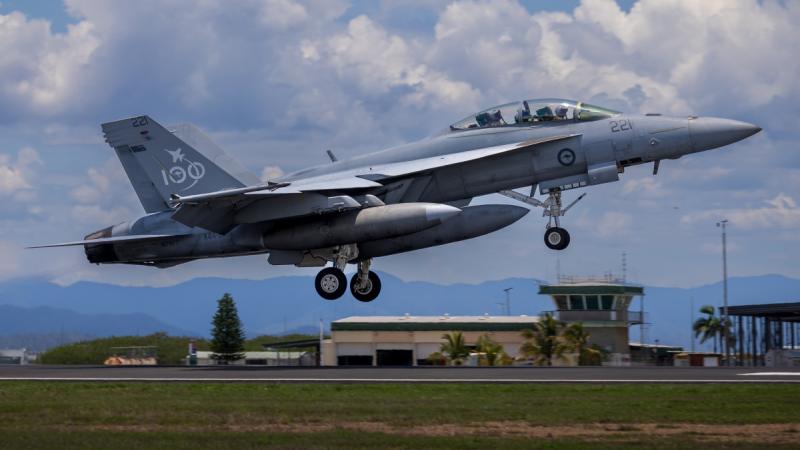 An Australian fighter aircraft taking off. 