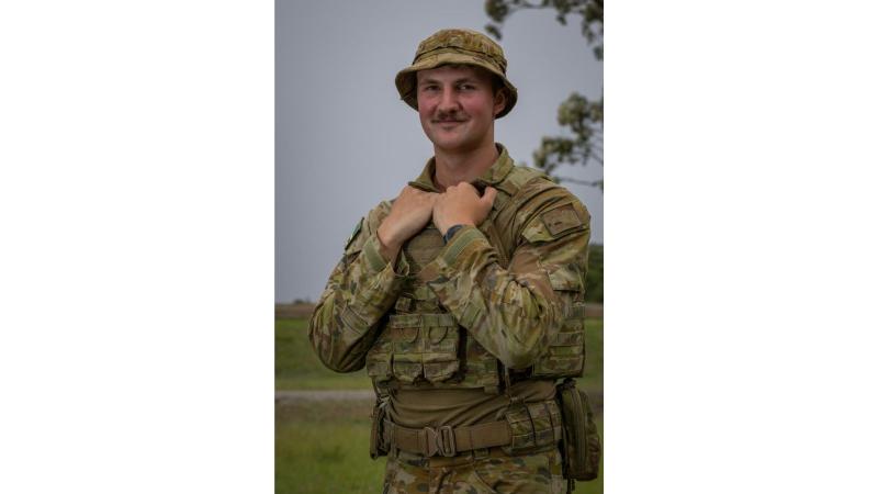 Portrait of Australian Army soldier Sapper Brodie Tarleton from 3 Troop School of Military Engineering at the Direct Fire Support Weapons range as part of Initial Employment Training at Holsworthy Barracks, Sydney.