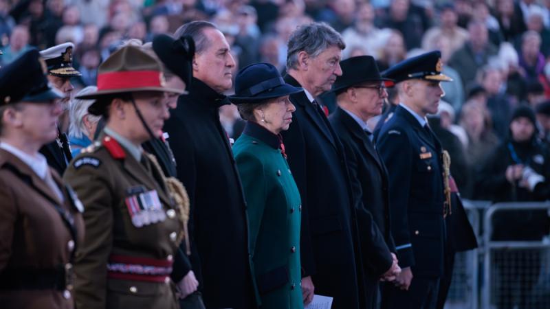 Princess Anne stands next to military brass at a service at Hyde Park Corner London.