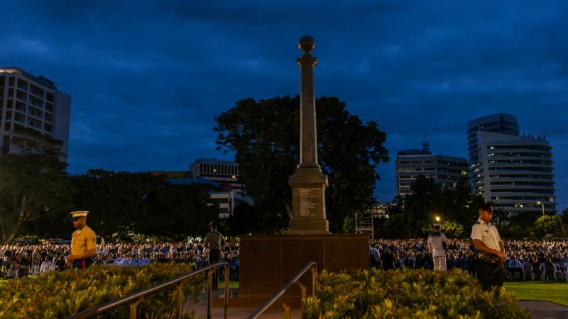 Australian Defence Force members gather in a square as part of Anzac Day ceremonies in Darwin.