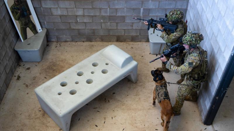 Two people in camouflage uniforms stand in a small concrete room with a dog, one aiming a rifle at a human-shaped target.