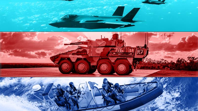 Three layered images of aircraft, an army tank and a navy inflatable boat.