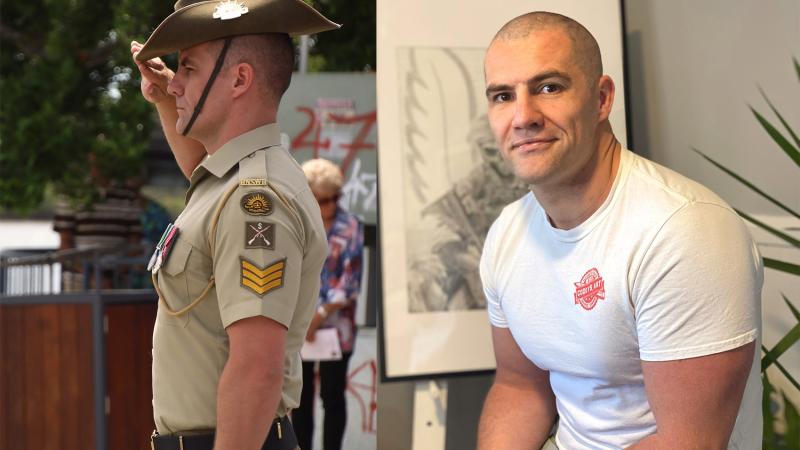 A split image shows a soldier both in uniform and in casual clothing with an artwork he created.